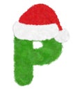3D Ã¢â¬ÅGreen wool fur feather letterÃ¢â¬Â creative decorative with Red Christmas hat, Character P isolated in white background Royalty Free Stock Photo